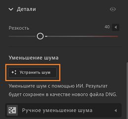 Функция «Уменьшение шума» на панели «Детали».