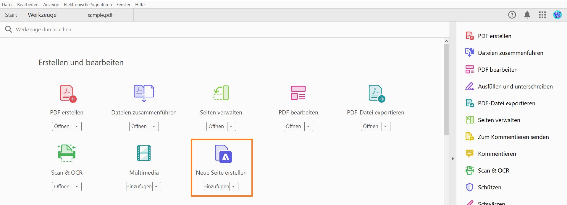 Werkzeug „Benutzerdefinierte Seite hinzufügen“
