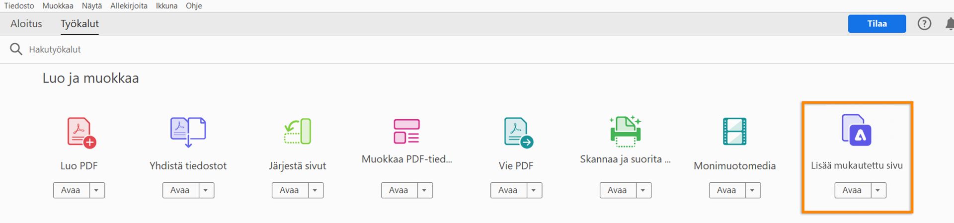 Lisää mukautettu sivu -työkalu