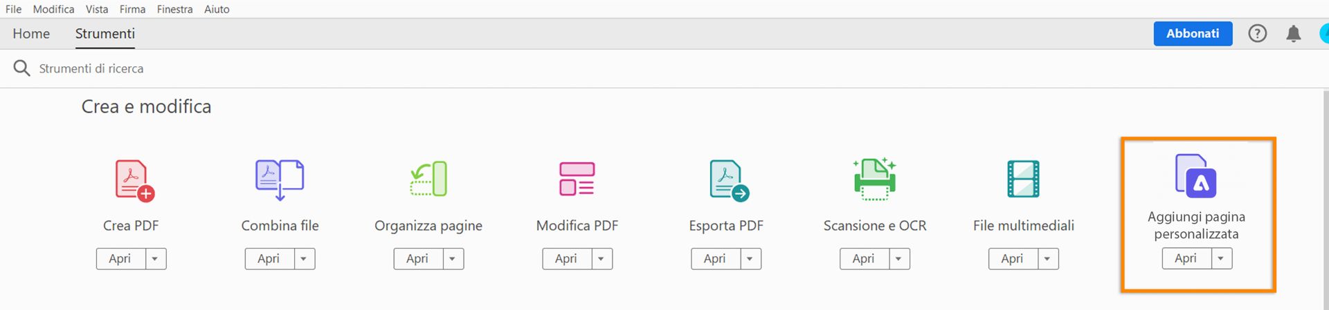 Strumento Aggiungi pagina personalizzata