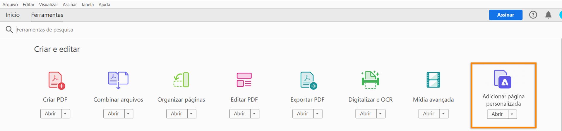 Ferramenta Adicionar página personalizada