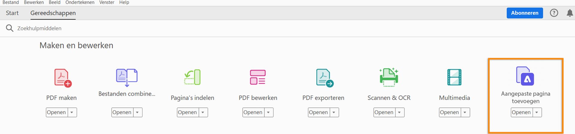 Tool Aangepaste pagina toevoegen