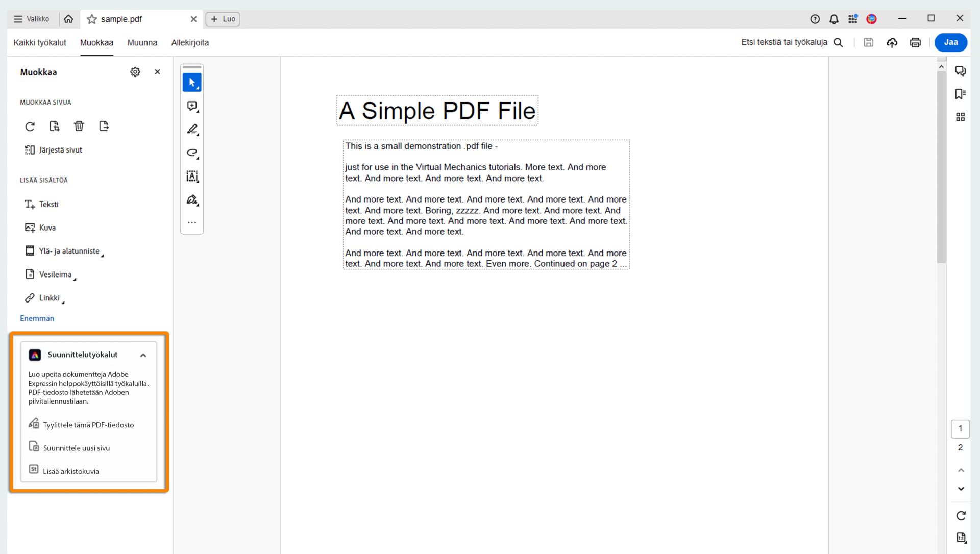 Suunnittelutyökalut PDF-tiedoston tyylittelyyn