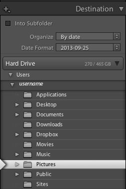 Het importdeelvenster Bestemming in Lightroom Classic CC