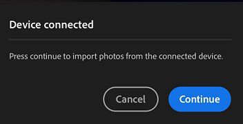 Pour accéder aux photos et vidéos de votre support connecté, cliquez sur Continuer.