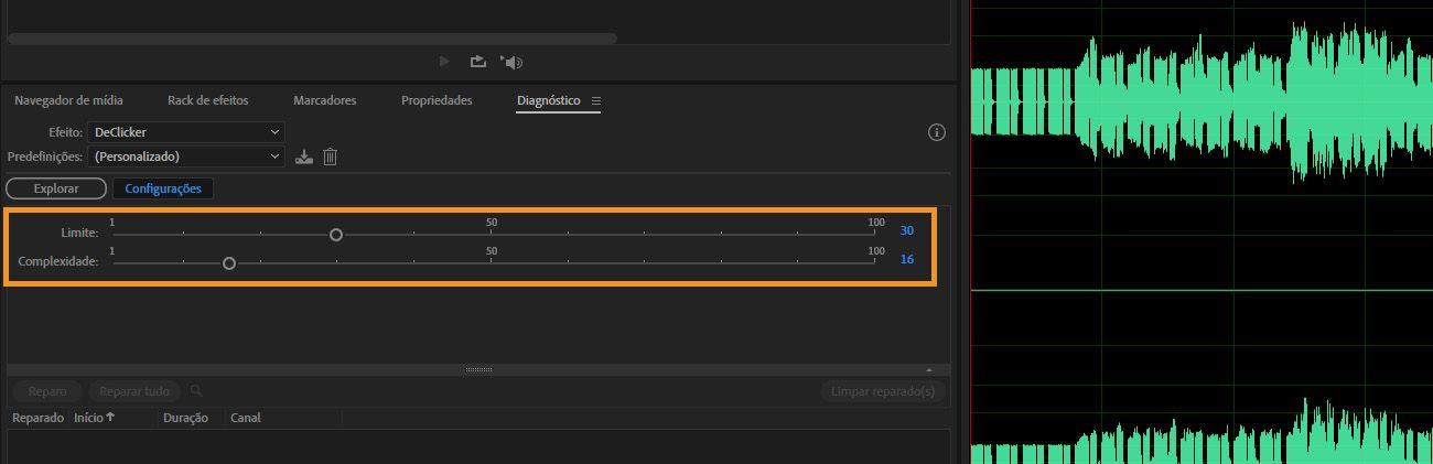 No painel Diagnóstico, as Configurações do DeClicker estão abertas para ajustar o Limite e a Complexidade para detectar e remover artefatos de clique e estalo do áudio.