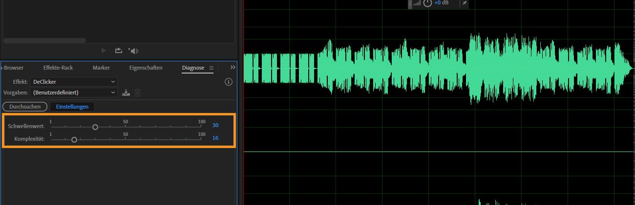Im Diagnose-Bedienfeld sind die DeClicker-Einstellungen geöffnet, um Schwellenwert und Komplexität für die Erkennung und Entfernung von Klick- und Knack-Artefakten aus Audio anzupassen.
