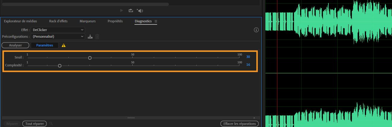 Dans le panneau Diagnostic, les paramètres DeClicker sont ouverts pour ajuster le seuil et la complexité de détection et de suppression des artefacts de clic et de pop de l’audio.