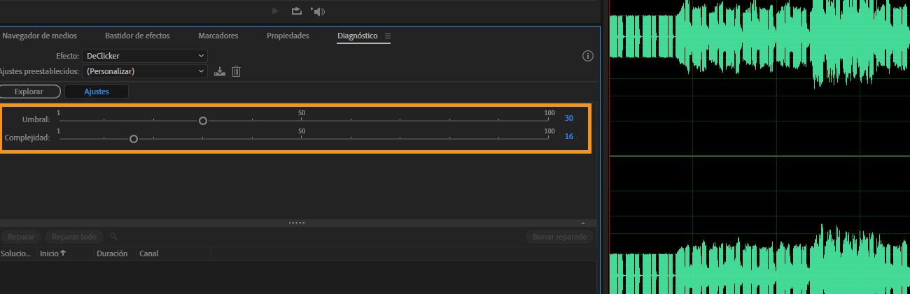 En el panel Diagnóstico, la configuración del eliminador de clics está abierta para ajustar el umbral y la complejidad para detectar y eliminar artefactos de clics y chasquidos del audio.
