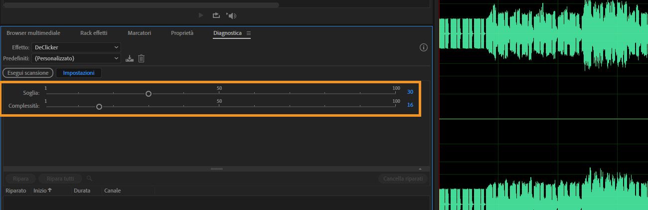 Nel pannello Diagnostica, le Impostazioni DeClicker sono aperte per regolare la soglia e la Complessità per rilevare e rimuovere artefatti di clic e scoppiettii dall'audio.