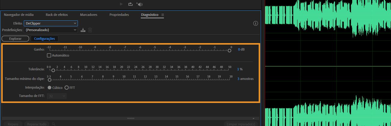 No painel “Diagnóstico”, as configurações do “DeClipper” estão abertas para ajustar configurações como “Ganho”, “Tolerância” e “Interpolação”.