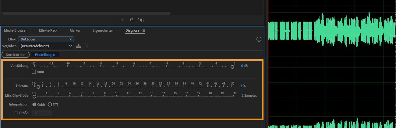 Im Diagnose-Bedienfeld sind die DeClipper-Einstellungen geöffnet, um Einstellungen wie Verstärkung, Toleranz und Interpolation anzupassen.