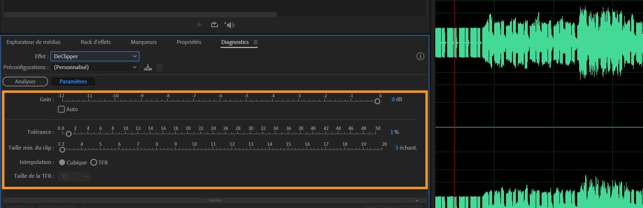 Dans le panneau Diagnostics, les paramètres DeClipper sont ouverts pour ajuster des paramètres tels que le gain, la tolérance et l'interpolation.