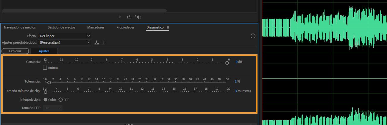 En el panel Diagnósticos, la configuración de DeClipper está abierta para ajustar configuraciones como Ganancia, Tolerancia e Interpolación.