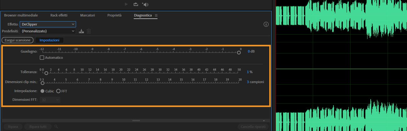 Nel pannello Diagnostica, le Impostazioni DeClipper sono aperte per regolare impostazioni come Guadagno, Tolleranza e Interpolazione.