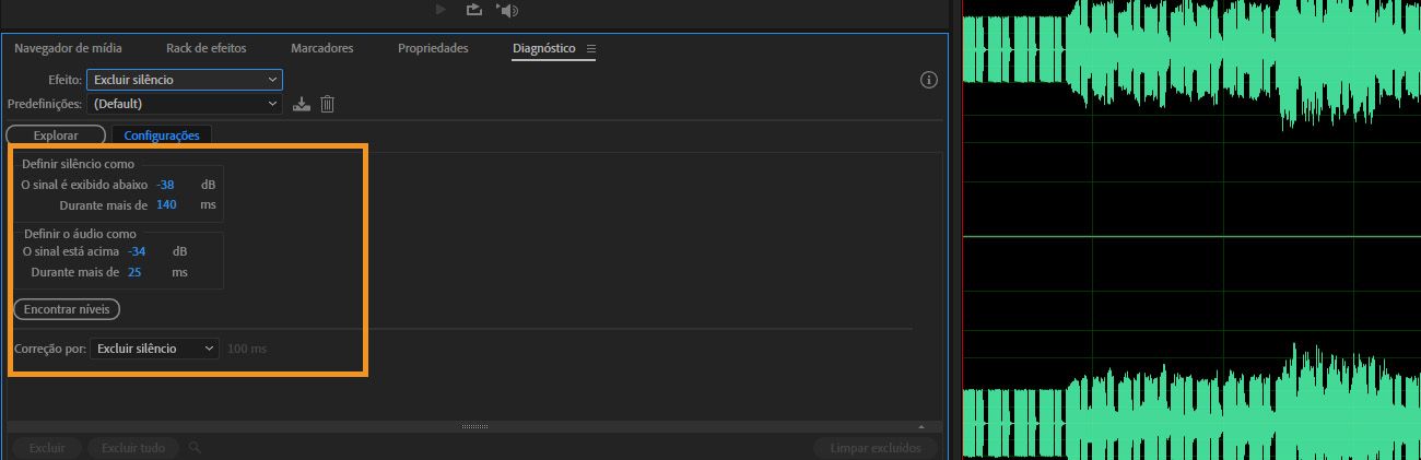 No painel Diagnóstico, as configurações de Excluir silêncio estão abertas para identificar passagens silenciosas do áudio e removê-las ou marcá-las.