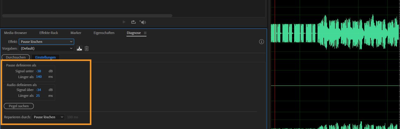 Im Diagnose-Bedienfeld sind die Stille löschen-Einstellungen geöffnet, um stille Audio-Passagen zu identifizieren und sie entweder zu entfernen oder zu markieren.