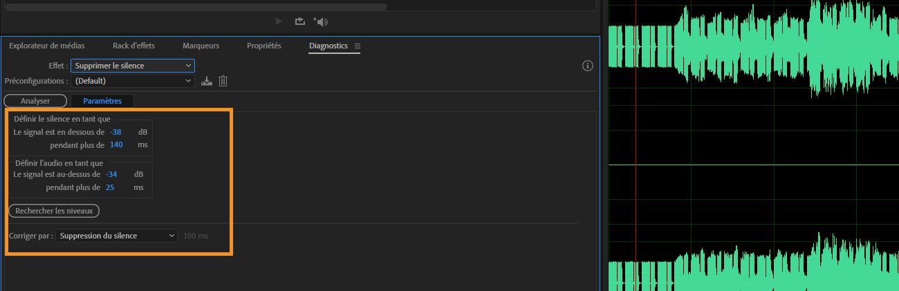 Dans le panneau Diagnostics, les paramètres Supprimer le silence sont ouverts pour identifier les passages silencieux de l'audio et les supprimer ou les marquer.