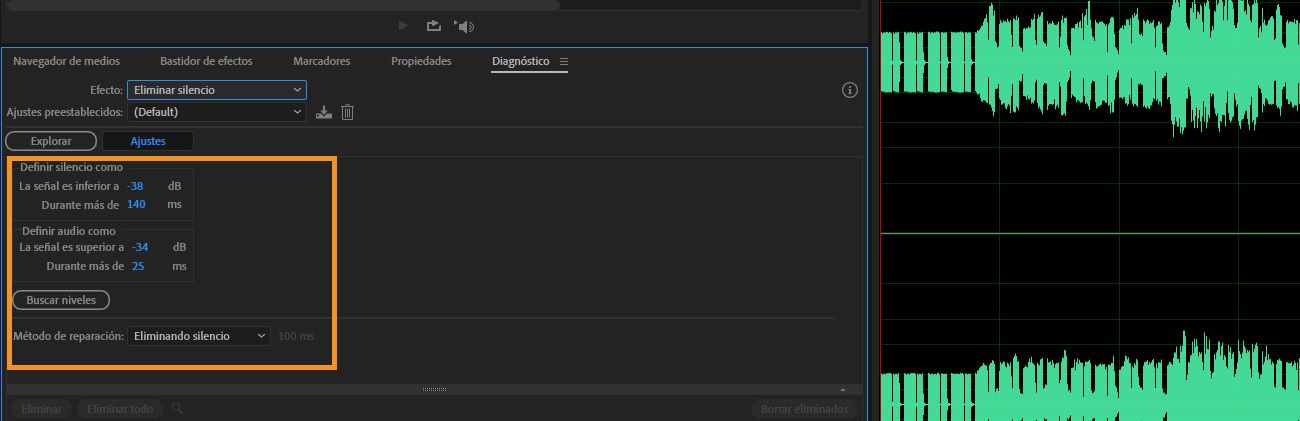 En el panel Diagnósticos, la configuración de Eliminar silencio está abierta para identificar pasajes silenciosos de audio y eliminarlos o marcarlos.