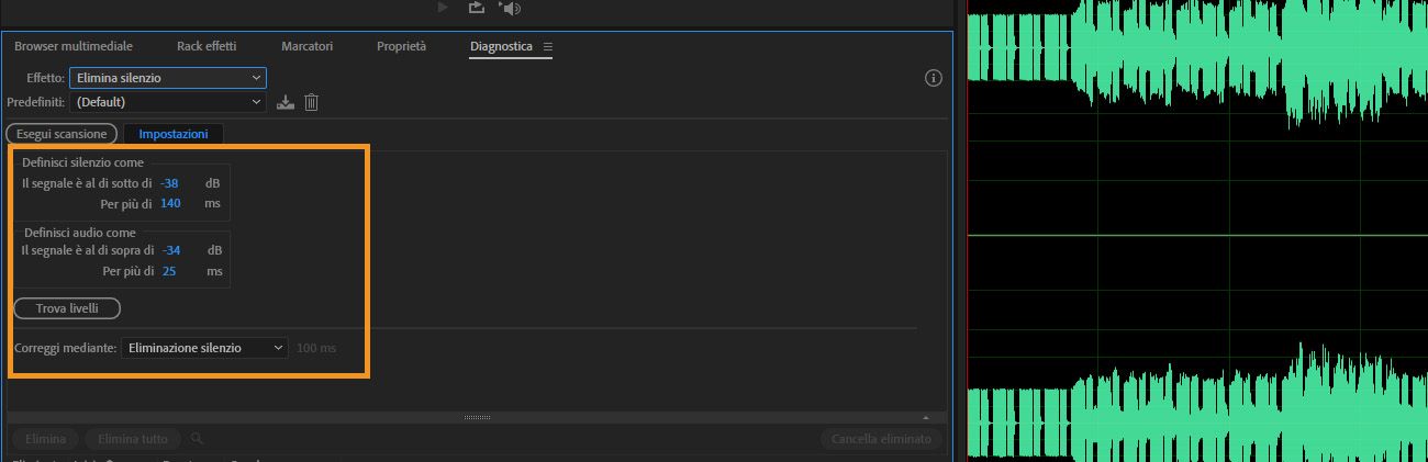 Nel pannello Diagnostica, le Impostazioni Elimina silenzio sono aperte per identificare i passaggi silenziosi dell'audio e rimuoverli o contrassegnarli.