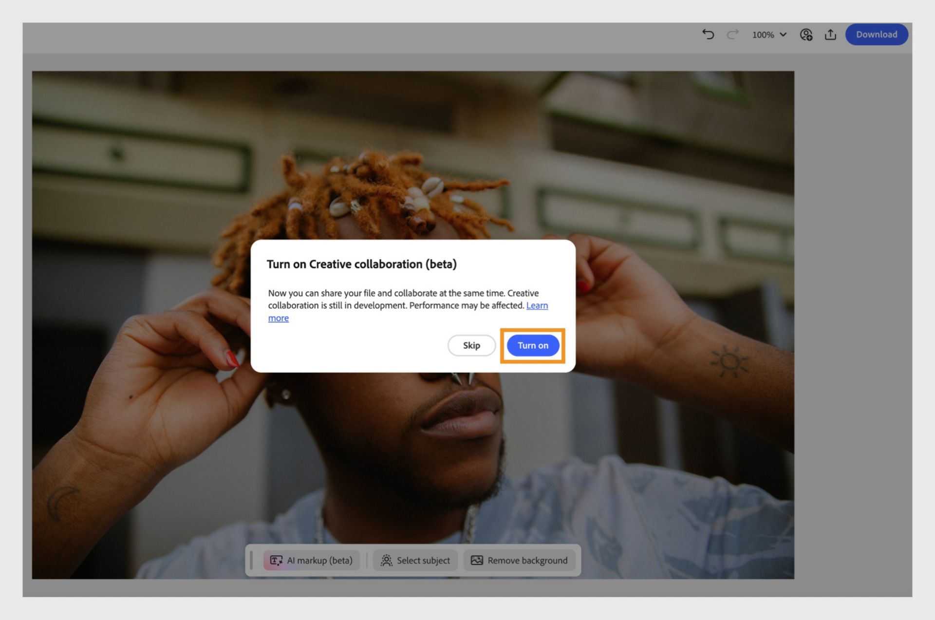 The Turn on Creative collaboration (beta) dialog box is displayed, with the Turn on button highlighted, which enables the Creative collaboration feature.