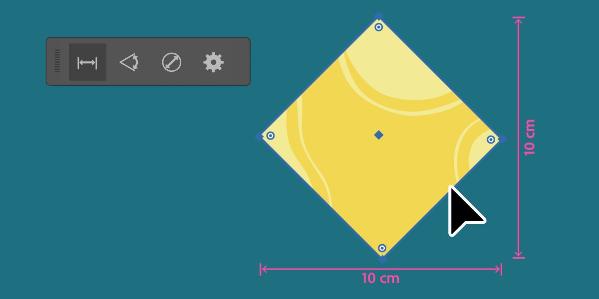 Un quadrato ruotato con le sue dimensioni tracciate.
