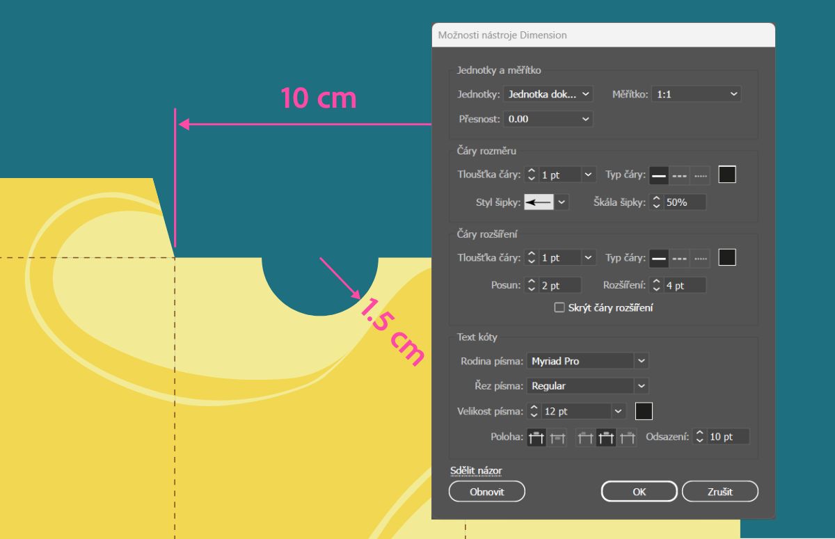 Vykreslené rozměry na plátně společně s dialogovým oknem Možnosti nástroje Rozměr