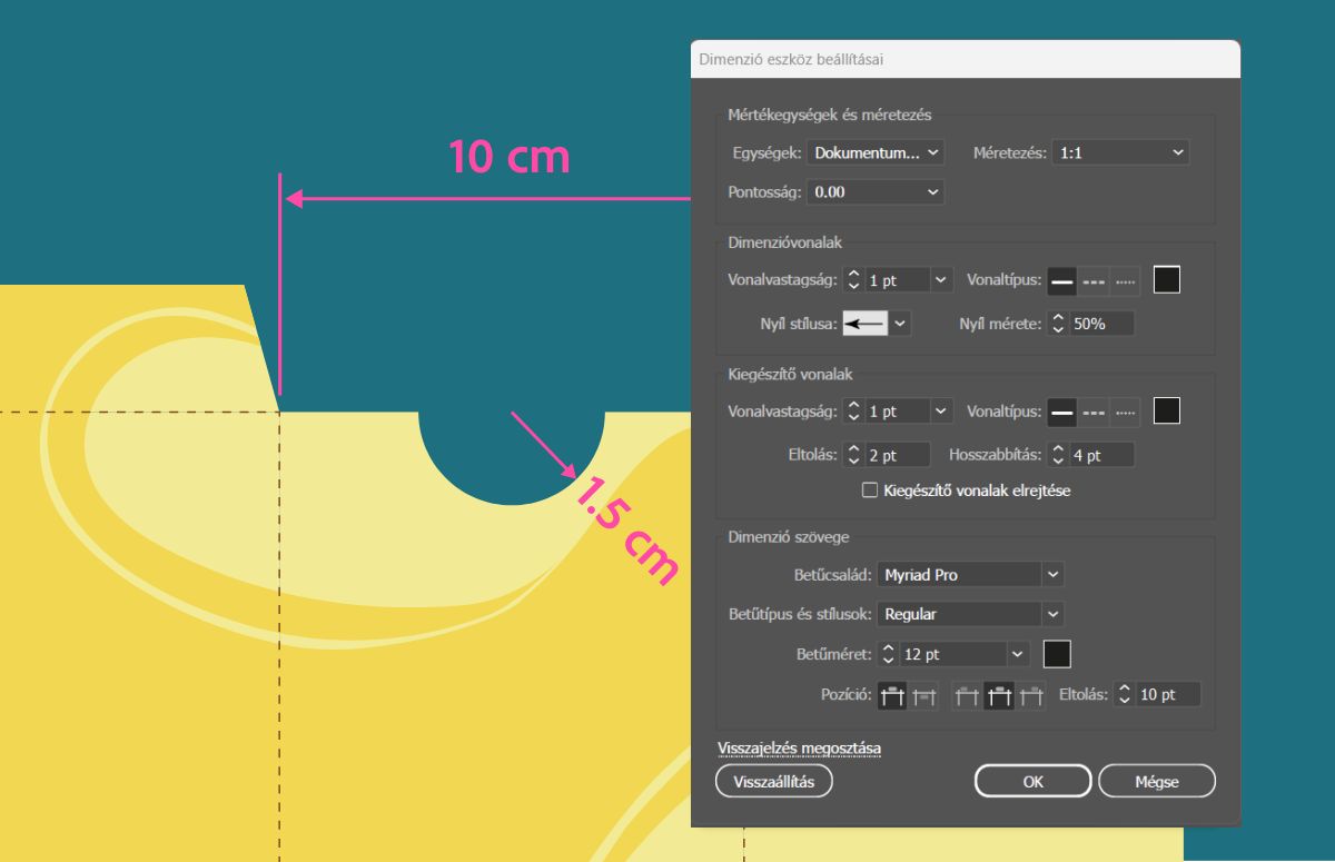 Vásznon ábrázolt dimenziók a Méretezés eszköz beállításai párbeszédpanellel