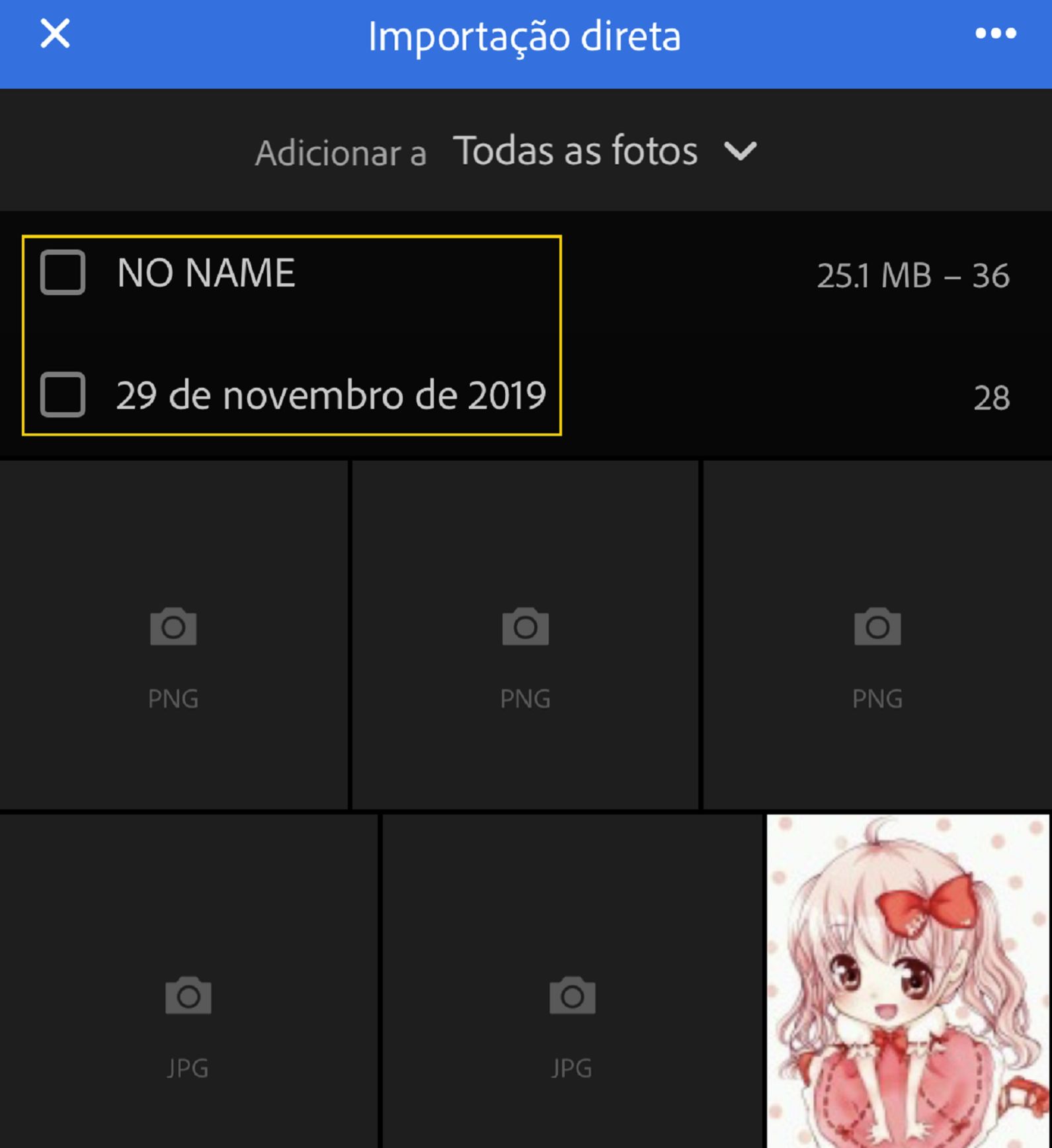Importe fotos de sua escolha diretamente para o Lightroom.