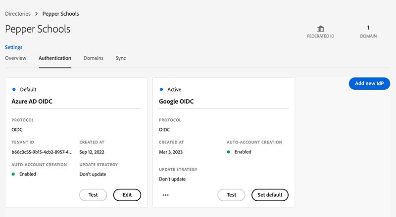 Sidan med kataloginställningar i Admin Console som visar att automatiskt skapande av konto är aktiverat för Google OIDC
