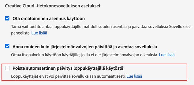 Poista automaattinen päivitys loppukäyttäjillä käytöstä