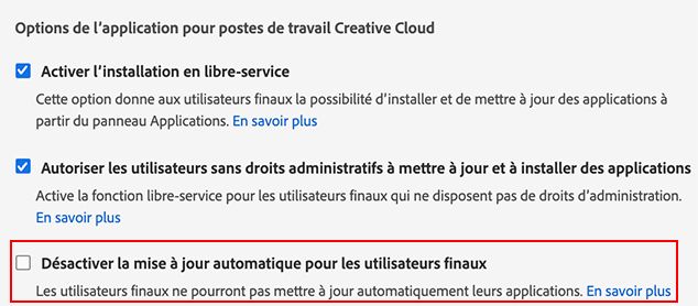 Désactiver la mise à jour automatique pour les utilisateurs finaux