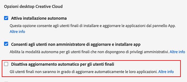 Disattivazione dell'aggiornamento automatico per gli utenti finali