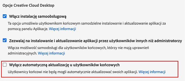 Wyłączanie automatycznej aktualizacji u użytkowników końcowych