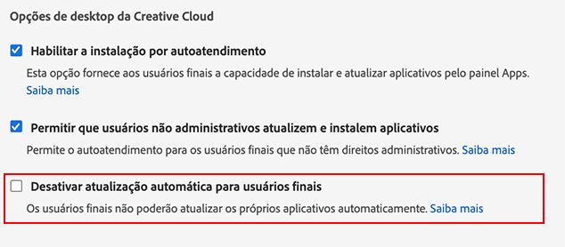 Desativar atualização automática para usuários finais