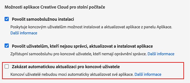 Zákaz automatické aktualizace pro koncové uživatele