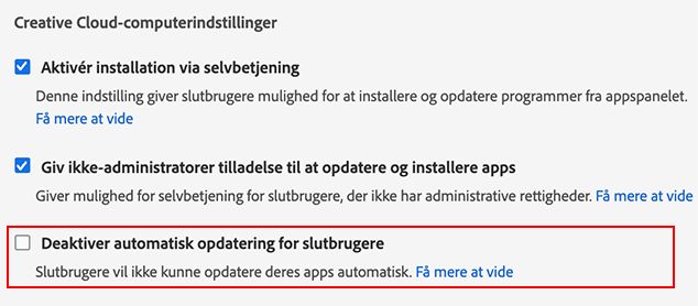 Deaktiver automatisk opdatering for slutbrugere