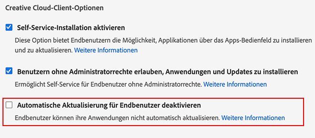 Automatische Aktualisierung für Endanwender deaktivieren
