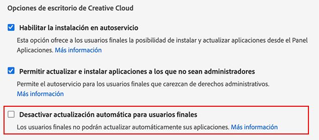 Desactivar actualización automática para usuarios finales