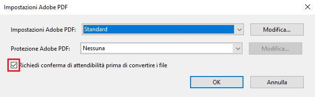 Deseleziona per disabilitare la finestra di dialogo di sicurezza