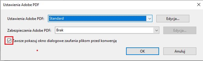 Usuń zaznaczenie, aby wyłączyć okno dialogowe zabezpieczeń