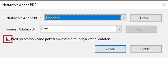 Odstranite oznako, da onemogočite varnostno pogovorno okno