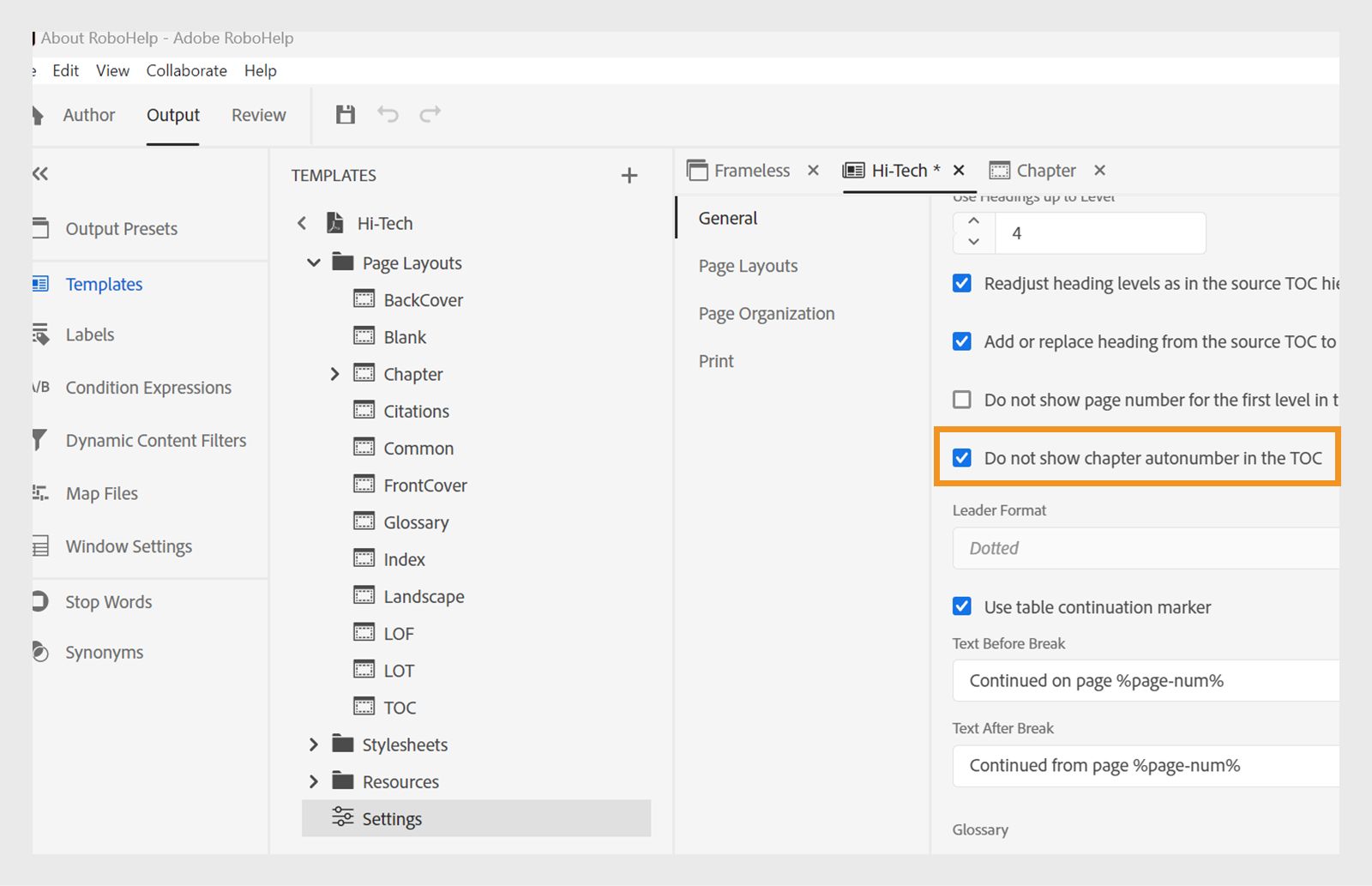 disable chapter autonumbering in TOC