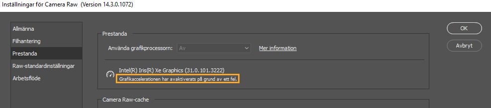 Felmeddelande under alternativet Använd grafikprocessor