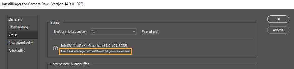 Feilmeldingen nedenfor alternativet Bruk grafikkprosessor