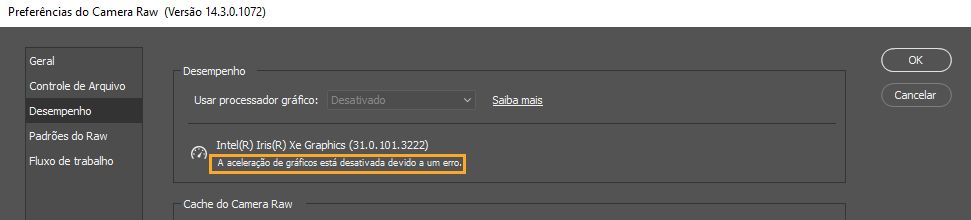 Mensagem de erro abaixo da opção Usar processador gráfico