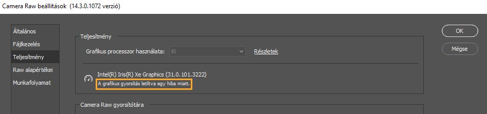 Hibaüzenet a Grafikus processzor opció alatt