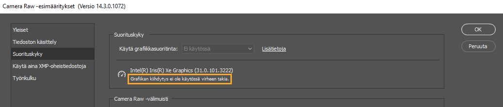 Virheilmoitus Käytä grafiikkasuoritinta -vaihtoehdon alla