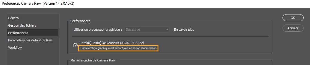 Message d’erreur sous l’option Utiliser un processeur graphique