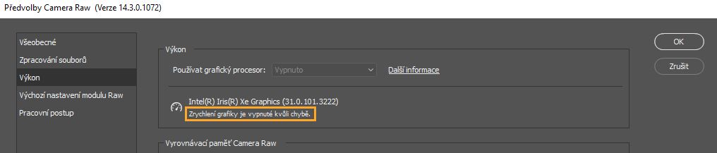 Chybová zpráva zobrazená pod možností Používat grafický procesor